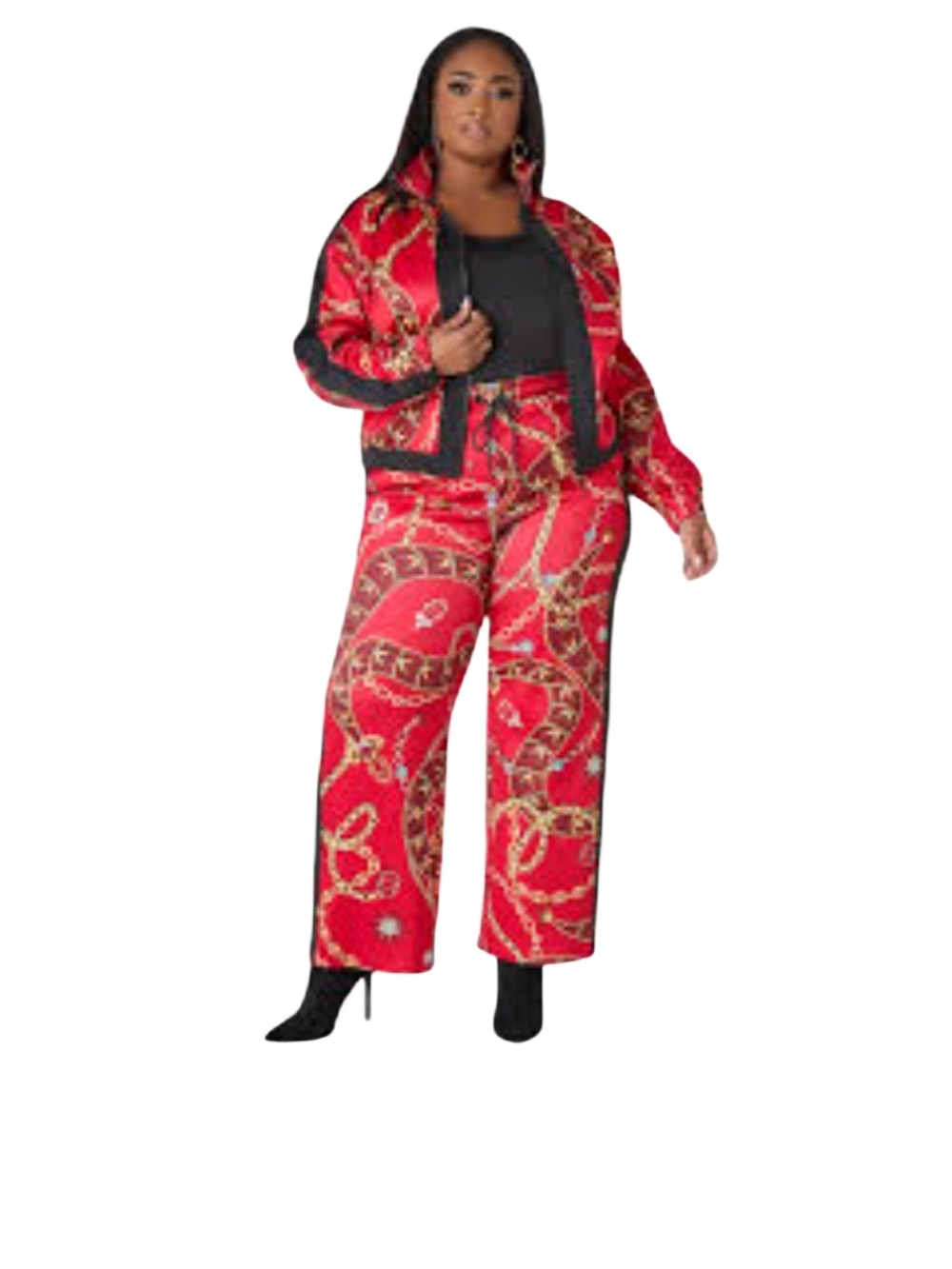 Ashley Stewart Red Chain-Print Wide-Leg Pants Set. Sweat Suit NWT